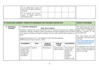 16
I can differentiate claim of
fact, claim of value, and claim
of policy.
I can identify the common
types of claims used in
persuasive texts.
IV. EVALUATING LEARNING: FORMATIVE ASSESSMENT AND TEACHER’S REFLECTION NOTES TO TEACHERS
A. Evaluating
Learning
1. Formative Assessment
From Text to Action
Directions: Evaluate the given persuasive text for clarity of meaning and validity of
information. Identify examples of facts and opinions through classifying textual evidence
of the types of evidence and types of claims. Use the matrix and the first example as a
guide.
Suggested Persuasive Text: "I Am Prepared to Die" by Nelson Mandela
(Pretoria Supreme Court, April 20, 1964)
STATEMENT TYPE TYPE OF
EVIDENCE
TYPE OF
CLAIM
EVALUATION
"I am prepared
to die for the
freedom of my
country and
the rights of
my people."
Opinion Self-evidence Claim of Value,
Claim of Policy
The statement
is clear and
expresses a
strong
personal
conviction.
Further
evidence could
The teacher may opt to have
this activity by groups. Each
group will be assigned to
different excerpts of the
persuasive text.
You may access the full
transcript of the persuasive
text here:
http://law2.umkc.edu/facu
lty/projects/ftrials/mandel
a/mandelaspeech.html
An alternative text may be
used. Students can copy the
table in a sheet of paper to
work on the task.
 