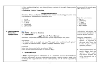 4
3. How can identifying facts and claims help you evaluate the strength of a persuasive
argument?
2. Unlocking Content Vocabulary
The Persuasion Puzzle
Directions: Below, you'll find scrambled terms related to evaluating persuasive texts.
Unscramble the jumbled words and define each.
1. FCATS
2. OINIONPS
3. CAMILS
4. EICNEDVE
5. AMNUERGT
prompts will be asked again
after the discussion.
Expected answers are:
1. FACTS
2. OPINIONS
3. CLAIMS
4. EVIDENCE
5. ARGUMENT
3. Developing and
Deepening
Understanding
DAY 1
SUB-TOPIC 1: Facts vs. Opinions
1. Explicitation
Apple Appeal - Fact or Fancy?
Directions: Analyze the given situation and answer the questions that follow.
Information:
1. A student holds up an apple and says, "This apple is the healthiest lunch option!"
2. A poster on the wall claims, "Apples a day keep the doctor away!"
Challenge:
Is the first statement a fact or an opinion? Why?
Is the second statement a fact or an opinion? Why?
2. Worked Example
A fact is a proven piece of information. It is a statement that can be verified in a
reference source such as an encyclopedia, a dictionary, a map, or a history book. Facts
are things that happened in the past or are happening now. It can be supported by
evidence.
The teacher will present the
scenario as a springboard to
discuss facts vs opinions.
Expected answers are:
● The first statement is an
opinion. It expresses a
personal belief about the
healthiest option without
providing evidence.
● The second statement is a
catchy slogan, likely an
opinion. While apples
have health benefits, it's
not a guaranteed way to
avoid doctors.
 