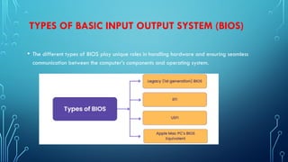 TYPES OF BASIC INPUT OUTPUT SYSTEM (BIOS)
• The different types of BIOS play unique roles in handling hardware and ensuring seamless
communication between the computer’s components and operating system.
 