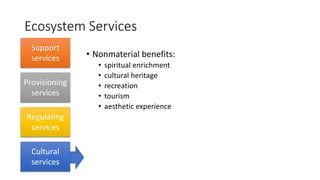Ecosystem Services
• Nonmaterial benefits:
• spiritual enrichment
• cultural heritage
• recreation
• tourism
• aesthetic experience
Support
services
Provisioning
services
Regulating
services
Cultural
services
 