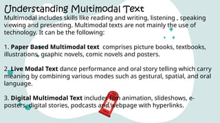 Understanding Multimodal Text
Multimodal includes skills like reading and writing, listening , speaking
viewing and presenting. Multimodal texts are not mainly the use of
technology. It can be the following:
1. Paper Based Multimodal text comprises picture books, textbooks,
illustrations, graphic novels, comic novels and posters.
2. Live Modal Text dance performance and oral story telling which carry
meaning by combining various modes such as gestural, spatial, and oral
language.
3. Digital Multimodal Text includes film animation, slideshows, e-
posters, digital stories, podcasts and webpage with hyperlinks.
 