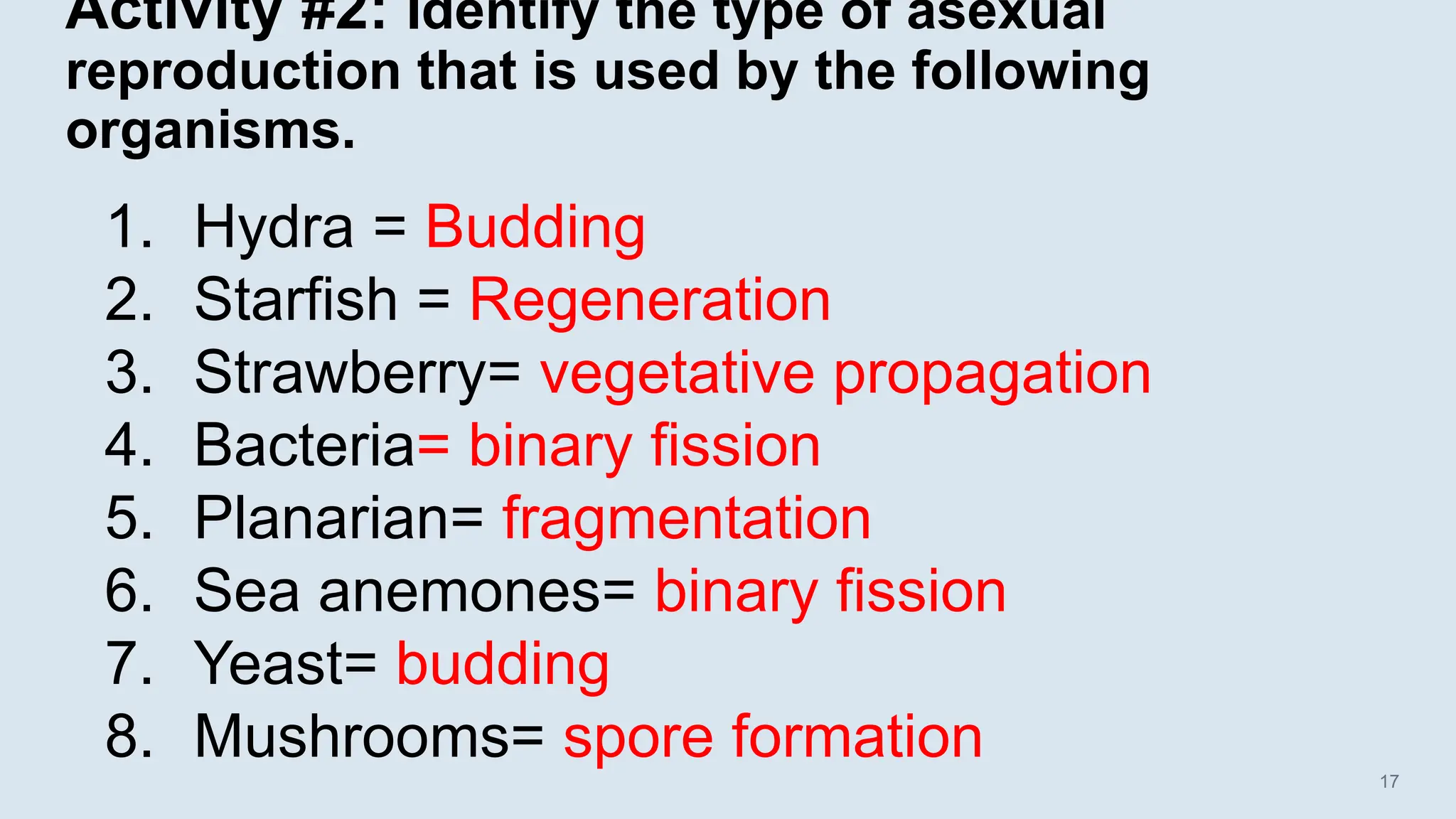 Activity #2: Identify the type of asexual
reproduction that is used by the following
organisms.
17
1. Hydra = Budding
2. Starfish = Regeneration
3. Strawberry= vegetative propagation
4. Bacteria= binary fission
5. Planarian= fragmentation
6. Sea anemones= binary fission
7. Yeast= budding
8. Mushrooms= spore formation
 