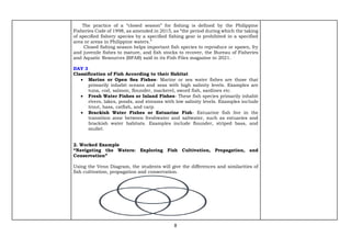 8
The practice of a “closed season” for fishing is defined by the Philippine
Fisheries Code of 1998, as amended in 2015, as “the period during which the taking
of specified fishery species by a specified fishing gear is prohibited in a specified
area or areas in Philippine waters.”
Closed fishing season helps important fish species to reproduce or spawn, fry
and juvenile fishes to mature, and fish stocks to recover, the Bureau of Fisheries
and Aquatic Resources (BFAR) said in its Fish Files magazine in 2021.
DAY 3
Classification of Fish According to their Habitat
 Marine or Open Sea Fishes- Marine or sea water fishes are those that
primarily inhabit oceans and seas with high salinity levels. Examples are
tuna, cod, salmon, flounder, mackerel, sword fish, sardines etc.
 Fresh Water Fishes or Inland Fishes- These fish species primarily inhabit
rivers, lakes, ponds, and streams with low salinity levels. Examples include
trout, bass, catfish, and carp.
 Brackish Water Fishes or Estuarine Fish- Estuarine fish live in the
transition zone between freshwater and saltwater, such as estuaries and
brackish water habitats. Examples include flounder, striped bass, and
mullet.
2. Worked Example
“Navigating the Waters: Exploring Fish Cultivation, Propagation, and
Conservation”
Using the Venn Diagram, the students will give the differences and similarities of
fish cultivation, propagation and conservation.
 