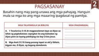 MGA TALATAMULA SA BIBLIYA MGA IPAGDARASAL
A. 1 Tesalonica 5:18 At magpasalamat kayo sa Diyos sa
lahat ng pagkakataon; sapagkat ito ang kalooban ng
Diyos para sa inyong pakikipag-isa kay Cristo Jesus.
B. Mga Awit 51:10 Isang pusong tapat sa aki'y likhain,
bigyan mo, O Diyos, ng bagong damdamin.
Basahin nang may pang-unawa ang mga pahayag. Hanguin
mula sa mga ito ang mga maaaring ipagdasal ng pamilya.
PAGSASANAY
 