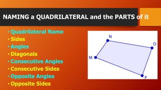 NAMING a QUADRILATERAL and the PARTS of it
• Quadrilateral Name
• Sides
• Angles
• Diagonals
• Consecutive Angles
• Consecutive Sides
• Opposite Angles
• Opposite Sides
 