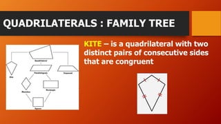 QUADRILATERALS : FAMILY TREE
KITE – is a quadrilateral with two
distinct pairs of consecutive sides
that are congruent
 