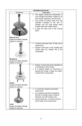 11
Rondalla Instruments
Instrument Description
Bajo de Arco
Image from:Marie Gertrelle
Fatima A. Sumicad
 The largest among the instruments in
most stringed ensembles- evident by its
thick strings, large body, and low tones
 The number of strings varies from the
stranded 4-stringed to the rare 6-
stringed, and can have pitches three
octaves lower than middle octave.
 It plays the bass part or the musical
piece.
Bandurria
Image from:Marie Gertrelle
Fatima A. Sumicad
 14-string instrument with 16 frets and a
shorter neck.
 Soprano instrument of the rondalla that
usually plays the melodic line of the
composition.
Guitar
Image from:Marie Gertrelle
Fatima A. Sumicad
 Popular musical instrument classified as
a chordophone with 6 strings.
 It is typically played by strumming or
plucking the strings. It plays the rhythm
or beat of the musical piece.
Laud
Image from:Marie Gertrelle
Fatima A. Sumicad
 It comes from Spanish word which
means “lute”.
 It is a plectrum-plucked chordophone
that has 12 strings in pairs, similar to
bandurria, but with a longer neck.
 Like the bandurria, it is tuned in fourths,
but its range is one octave lower.
 