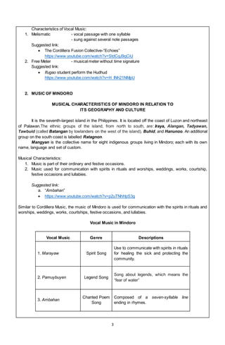 3
Characteristics of Vocal Music:
1. Melismatic - vocal passage with one syllable
- sung against several note passages
Suggested link:
 The Cordillera Fusion Collective-“Echoes”
https://www.youtube.com/watch?v=StdCqJ9qCiU
2. Free Meter - musical meter without time signature
Suggested link:
 Ifugao student perform the Hudhud
https://www.youtube.com/watch?v=H_INh21NMpU
2. MUSIC OF MINDORO
MUSICAL CHARACTERISTICS OF MINDORO IN RELATION TO
ITS GEOGRAPHY AND CULTURE
It is the seventh-largest island in the Philippines. It is located off the coast of Luzon and northeast
of Palawan.The ethnic groups of the island, from north to south, are: Iraya, Alangan, Tadyawan,
Tawbuid (called Batangan by lowlanders on the west of the island), Buhid, and Hanunoo. An additional
group on the south coast is labelled Ratagnon.
Mangyan is the collective name for eight indigenous groups living in Mindoro; each with its own
name, language and set of custom.
Musical Characteristics:
1. Music is part of their ordinary and festive occasions.
2. Music used for communication with spirits in rituals and worships, weddings, works, courtship,
festive occasions and lullabies.
Suggested link:
a. “Ambahan”
 https://www.youtube.com/watch?v=p2uTNhHpS3g
Similar to Cordillera Music, the music of Mindoro is used for communication with the spirits in rituals and
worships, weddings, works, courtships, festive occasions, and lullabies.
Vocal Music in Mindoro
Vocal Music Genre Descriptions
1. Marayaw Spirit Song
Use to communicate with spirits in rituals
for healing the sick and protecting the
community.
2. Pamuybuyen Legend Song
Song about legends, which means the
“fear of water”
3. Ambahan
Chanted Poem
Song
Composed of a seven-syllable line
ending in rhymes.
 
