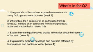 What’s in for Q2
🤩
1. Using models or illustrations, explain how movements
along faults generate earthquakes (week 1)
2. Differentiate the 1 epicenter of an earthquake from its
focus; (2) intensity of an earthquake from its magnitude; (3)
active and inactive faults (week 1-2)
😍
3. Explain how earthquake waves provide information about the interior
of the earth (week 3)
4. Explain how typhoon develops and how it is affected by
landmasses and bodies of water (week 4)
 