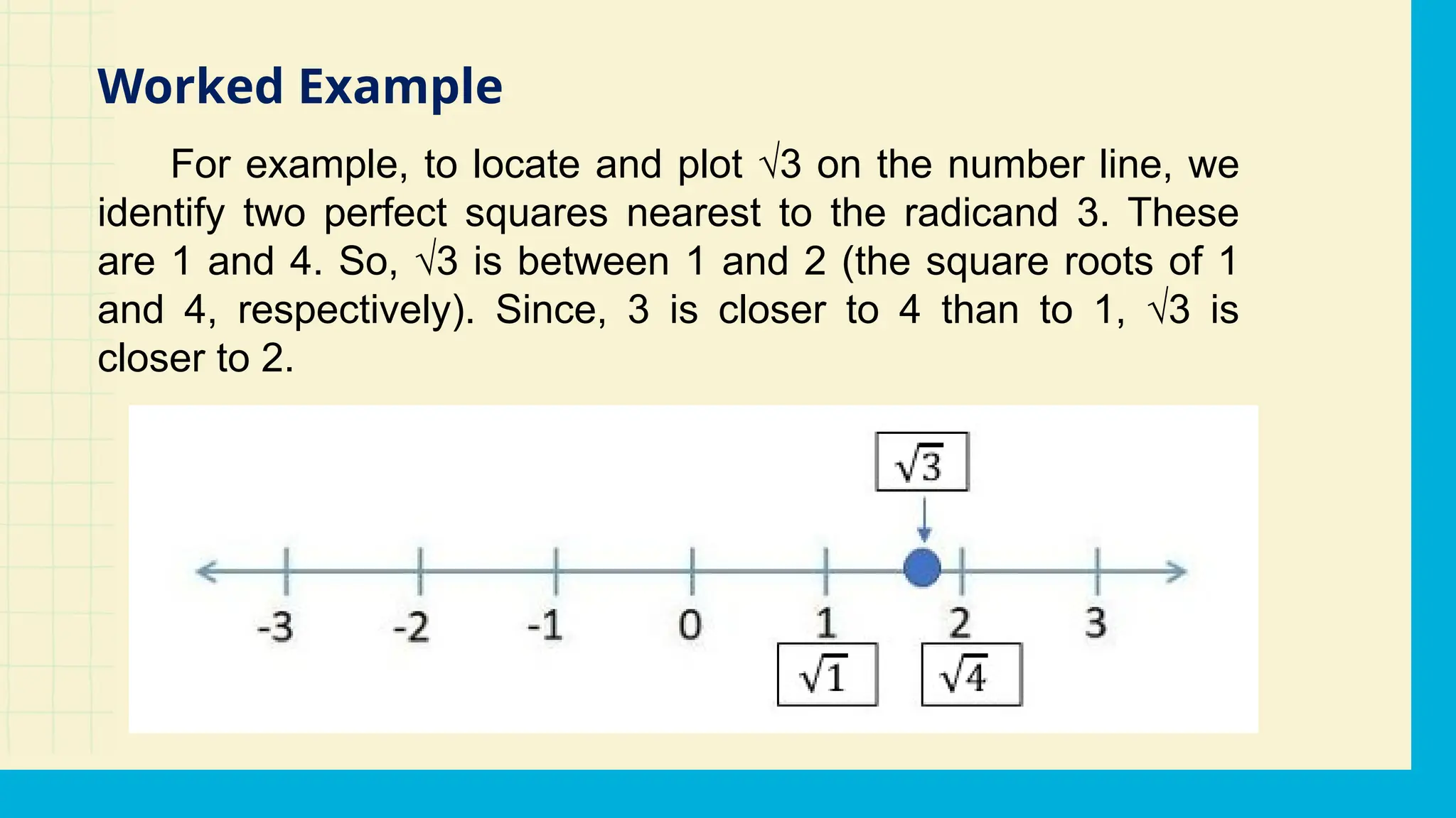 For example, to locate and plot √3 on the number line, we
identify two perfect squares nearest to the radicand 3. These
are 1 and 4. So, √3 is between 1 and 2 (the square roots of 1
and 4, respectively). Since, 3 is closer to 4 than to 1, √3 is
closer to 2.
Worked Example
 