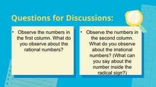 Questions for Discussions:
• Observe the numbers in
the first column. What do
you observe about the
rational numbers?
• Observe the numbers in
the second column.
What do you observe
about the irrational
numbers? (What can
you say about the
number inside the
radical sign?)
 