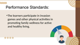 Performance Standards:
•The learners participate in invasion
games and other physical activities in
promoting family wellness for active
and healthy living.
 