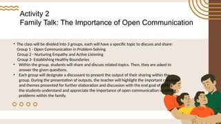 Activity 2
Family Talk: The Importance of Open Communication
• The class will be divided into 3 groups, each will have a specific topic to discuss and share:
Group 1 - Open Communication in Problem-Solving
Group 2 - Nurturing Empathy and Active Listening
Group 3- Establishing Healthy Boundaries
• Within the group, students will share and discuss related topics. Then, they are asked to
answer the given questions.
• Each group will designate a discussant to present the output of their sharing within the
group. During the presentation of outputs, the teacher will highlight the important concepts
and themes presented for further elaboration and discussion with the end goal of letting
the students understand and appreciate the importance of open communication in solving
problems within the family.
 