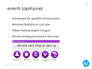 3


events (april-june)

• Decreased risk appetite among savers

• Retained flexibility on cost side

• Håkan Nyberg begins 9 August

• Private banking launched in Denmark
 