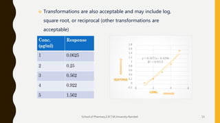  Transformations are also acceptable and may include log,
square root, or reciprocal (other transformations are
acceptable)
y = 0.3671x - 0.4296
R² = 0.9515
-0.2
0
0.2
0.4
0.6
0.8
1
1.2
1.4
1.6
1.8
0 2 4 6
School of Pharmacy,S.R.T.M.University.Nanded. 15
 