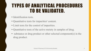 TYPES OF ANALYTICAL PROCEDURES
TO BE VALIDATED.
• Identification tests.
• Quantitative tests for impurities' content.
• Limit tests for the control of impurities.
• Quantitative tests of the active moiety in samples of drug.
• substance or drug product or other selected component(s) in the
drug product.
School of Pharmacy,S.R.T.M.University.Nanded. 6
 