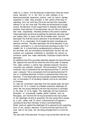 cable by a clamp 13 In the particular model shown, there are seven
active elements 14 in the form of solid cylinders of an
electromechanically responsive ceramic, such as barium titanate,
supported in holes 10og provided in that portion of the body 10
extending from the front face 10a to the rear face lOb, hereinafter
referred to as the inner wall. The holes are dimensioned to snugly
receive the elements 14 and support them in relatively fixed relative
positions. Each element 14 has electrodes 14a and 14b on its front and
rear ends, respectively, intimately bonded to the ceramic material.
These electrodes are formed by painting the elements with silver paint
and baking them to leave a thin film of metallic silver. The front
electrodes 14a of all the ceramic elements 14 are bonded by a suitable
cement 15 to a lamination 16 of metallic foil which constitutes one
electrical terminal. The other electrodes 14b of the elements 14 are
similarly cemented to a common terminal consisting of a disk 17 of
metallic foil. It is found that by sandblasting the surfaces of the
foil terminals that are cemented to the electrodes 14a and 14b, the
surfaces are roughened sufficiently to penetrate the cement at
numerous points and make electrically conductive contact with the
electrodes.
An additional hole lOh is provided extending between the faces lOa and
lOb adjacent the neck lOf into which the end of the cable 12 extends.
This cable contains a central high potential conductor 12a and a
concentric low potential conductor 12b surrounding it. The central
conductor 12a is connected to the rear electrical terminal 17, and the
outer conductor 12b is connected to the front electrical terminal 16
and to a shielding electrode 19 which is positioned back of the rear
electrode 17 and electrically and acoustically insulated therefrom by
one or more layers 21 of insulating material, such as air cell rubber
or Corprene.
To seal the mechanism described from the outside water, the front
terminal foil 16 is covered by a flexible impervious diaphragm 22
which fills the recess defined by the front face lOa and is cemented
to the body 10 at its edges. The diaphragm 22 may consist of a
lamination of acoustically suitable plastic material, such as
fibre-glass, and the front foil 16 may be bonded to the rear surface
of the diaphragm 22 prior to assembly. The rear recess lOb is closed
by a rear, rubber wall 23 which is dimensioned to fit against a
countersunk face lOj in the body 10 and is cemented thereto.
Water pressure against the diaphragm 22 is opposed by the supporting
force of the ceramic elements 14 and by the front face lOa of the
inner wall of the body, the two being arranged flush in a common
plane.
The rear ends of the elements 14 may or may not be flush with the rear
 