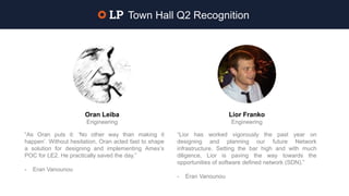 “As Oran puts it: ‘No other way than making it
happen’. Without hesitation, Oran acted fast to shape
a solution for designing and implementing Amex’s
POC for LE2. He practically saved the day.”
- Eran Vanounou
Oran Leiba
Engineering
Lior Franko
Engineering
“Lior has worked vigorously the past year on
designing and planning our future Network
infrastructure. Setting the bar high and with much
diligence, Lior is paving the way towards the
opportunities of software defined network (SDN).”
- Eran Vanounou
Town Hall Q2 Recognition
 