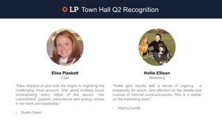 “Elise stepped in and took the reigns in migrating the
challenging Intuit account. She spent endless hours
orchestrating every detail of the launch. Her
commitment, passion, persistence and energy shows
in her work and leadership.”
- Dustin Dean
Elise Plaskett
Field
Hollie Ellison
Marketing
“Hollie gets results with a sense of urgency, a
propensity for action, and attention to the details and
nuance of internal communications. She is a leader
on the marketing team.”
- Manlio Carelli
Town Hall Q2 Recognition
 