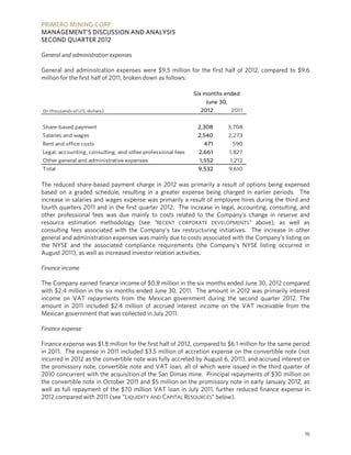 PRIMERO MINING CORP.
MANAGEMENT’S DISCUSSION AND ANALYSIS
SECOND QUARTER 2012

General and administration expenses

General and administration expenses were $9.5 million for the first half of 2012, compared to $9.6
million for the first half of 2011, broken down as follows:

                                                             Six months ended
                                                                 June 30,
(In thousands of U.S. dollars)                                 2012          2011


Share-based payment                                           2,308         3,708
Salaries and wages                                            2,540         2,273
Rent and office costs                                           471          590
Legal, accounting, consulting, and other professional fees    2,661         1,827
Other general and administrative expenses                      1,552        1,212
Total                                                         9,532         9,610

The reduced share-based payment charge in 2012 was primarily a result of options being expensed
based on a graded schedule, resulting in a greater expense being charged in earlier periods. The
increase in salaries and wages expense was primarily a result of employee hires during the third and
fourth quarters 2011 and in the first quarter 2012. The increase in legal, accounting, consulting, and
other professional fees was due mainly to costs related to the Company’s change in reserve and
resource estimation methodology (see “RECENT CORPORATE DEVELOPMENTS” above), as well as
consulting fees associated with the Company’s tax restructuring initiatives. The increase in other
general and administration expenses was mainly due to costs associated with the Company’s listing on
the NYSE and the associated compliance requirements (the Company’s NYSE listing occurred in
August 2011), as well as increased investor relation activities.

Finance income

The Company earned finance income of $0.8 million in the six months ended June 30, 2012 compared
with $2.4 million in the six months ended June 30, 2011. The amount in 2012 was primarily interest
income on VAT repayments from the Mexican government during the second quarter 2012. The
amount in 2011 included $2.4 million of accrued interest income on the VAT receivable from the
Mexican government that was collected in July 2011.

Finance expense

Finance expense was $1.8 million for the first half of 2012, compared to $6.1 million for the same period
in 2011. The expense in 2011 included $3.5 million of accretion expense on the convertible note (not
incurred in 2012 as the convertible note was fully accreted by August 6, 2011), and accrued interest on
the promissory note, convertible note and VAT loan, all of which were issued in the third quarter of
2010 concurrent with the acquisition of the San Dimas mine. Principal repayments of $30 million on
the convertible note in October 2011 and $5 million on the promissory note in early January 2012, as
well as full repayment of the $70 million VAT loan in July 2011, further reduced finance expense in
2012 compared with 2011 (see “LIQUIDITY AND CAPITAL RESOURCES” below).




                                                                                                       16
 