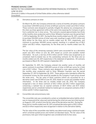 PRIMERO MINING CORP.
NOTES TO THE CONDENSED CONSOLIDATED INTERIM FINANCIAL STATEMENTS
JUNE 30 2012
(Amounts in tables in thousands of United States dollars unless otherwise stated)
(Unaudited)

       (i)     Derivative contracts on silver

               On March 18, 2011, the Company entered into a series of monthly call option contracts
               to purchase 1,204,000 ounces of silver at $39 per ounce for a total cost of $2.2 million.
               These contracts were designed to partially mitigate the adverse tax consequences of
               the silver purchase agreement while at the same time exposing the Company to gains
               from a potential rise in silver prices. The contracts covered approximately two-thirds
               of the monthly silver production sold to Silver Wheaton Caymans over the period April
               1, 2011 to September 30, 2011. During the three months ended June 30, 2011, contracts
               to purchase 334,000 ounces of silver were sold, resulting in a gain of $0.5 million and
               $0.6 million for the three and six months ended June 30, 2011, respectively, and
               contracts to purchase 140,000 ounces expired, resulting in a realized loss of $0.3
               million and $0.2 million, respectively, for the three and six months ended June 30,
               2011.

               The fair value of the remaining contracts (which were accounted for as a derivative
               asset) was $0.5 million at June 30, 2011, based on current and available market
               information. As such, a net loss of $1.6 million and $1.1 million was recognized as an
               unrealized mark-to-market loss on the outstanding contracts for the three and six
               months ended June 30, 2011 respectively in the statement of operations. All contracts
               purchased on March 18, 2011 expired in September 2011.

               On September 15, 2011, the Company entered into another series of monthly call
               option contracts to purchase 1,489,400 ounces of silver at $49 per ounce for a total
               cost of $3.7 million. These contracts were designed to cover approximately 30% of
               the monthly silver production sold to Silver Wheaton Caymans over the period
               September 27, 2011 to September 26, 2012. These options were intended to offset the
               incremental income tax that would be payable by the Company if spot prices exceed
               the strike price. The fair value of these contracts (which are accounted for as a
               derivative asset) was $7,000 at June 30, 2012, based on current and available market
               information. In the three and six months ended June 30, 2012, the Company
               recognized a loss on these contracts of $0.2 million and $0.2 million respectively,
               comprising a realized loss on expired contracts of $0.9 million and $1.9 million
               respectively and an unrealized marked-to-market gain on unexpired contracts of $0.7
               million and $1.7 million respectively.

       (ii)    Convertible note and promissory note

               The convertible note was considered to contain an embedded derivative liability which
               was re-measured at fair value each period during the initial one year term that expired
               on August 6, 2011, at which time the fair value of the derivative was $nil. During the
               three and six months ended June 30, 2011 unrealized derivative gains of $0.2 million
               and $2.6 million respectively were recognized in relation to this derivative liability.

               The fair value of the convertible note liability was determined using a statistical model,
               which contained quoted prices and market-corroborated inputs. The fair value of the
               promissory note upon initial recognition was considered to be its face value.
                                                                                                      63
 