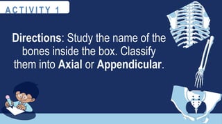 Directions: Study the name of the
bones inside the box. Classify
them into Axial or Appendicular.
A C T I V I T Y 1
 