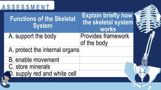 Functions of the Skeletal
System
Explain briefly how
the skeletal system
works
A. support the body Provides framework
of the body
A. protect the internal organs
B. enable movement
C. store minerals
D. supply red and white cell
A S S E S S M E N T
 