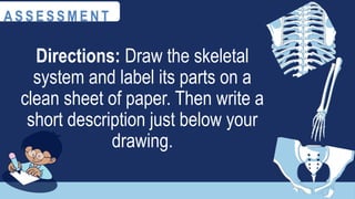 Directions: Draw the skeletal
system and label its parts on a
clean sheet of paper. Then write a
short description just below your
drawing.
A S S E S S M E N T
 