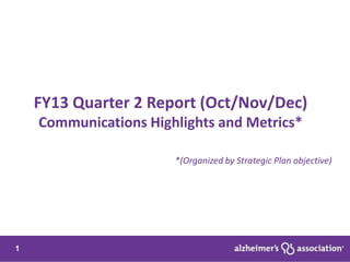 FY13 Quarter 2 Report (Oct/Nov/Dec)
    Communications Highlights and Metrics*

                       *(Organized by Strategic Plan objective)




1
 