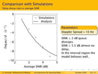 Comparison with Simulations
Delay decay rate vs average SINR

                  0
                                            Simulations
                                              Analysis
                −2
                                                                         Parameters
 s−1




                −4                                                       Doppler Spread = 10 Hz
  (log p0 )/d




                                                                         SINR ≤ 2 dB queue
                −6                                                       diverges.
                                                                         SINR ≥ 5.5 dB almost no
                                                                         delay.
                −8
                                                                         In the internal region the
                                                                         model behaves well.
                −10
                      2      3         4                          5
                           Average SINR (dB)

G. Verticale (Politecnico di Milano)   An Expression for Queuing Delay . . .       October 2009   20 / 21
 