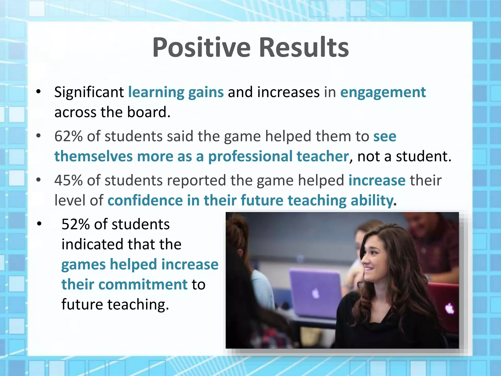Positive Results
• Significant learning gains and increases in engagement
across the board.
• 62% of students said the game helped them to see
themselves more as a professional teacher, not a student.
• 45% of students reported the game helped increase their
level of confidence in their future teaching ability.
• 52% of students
indicated that the
games helped increase
their commitment to
future teaching.
 