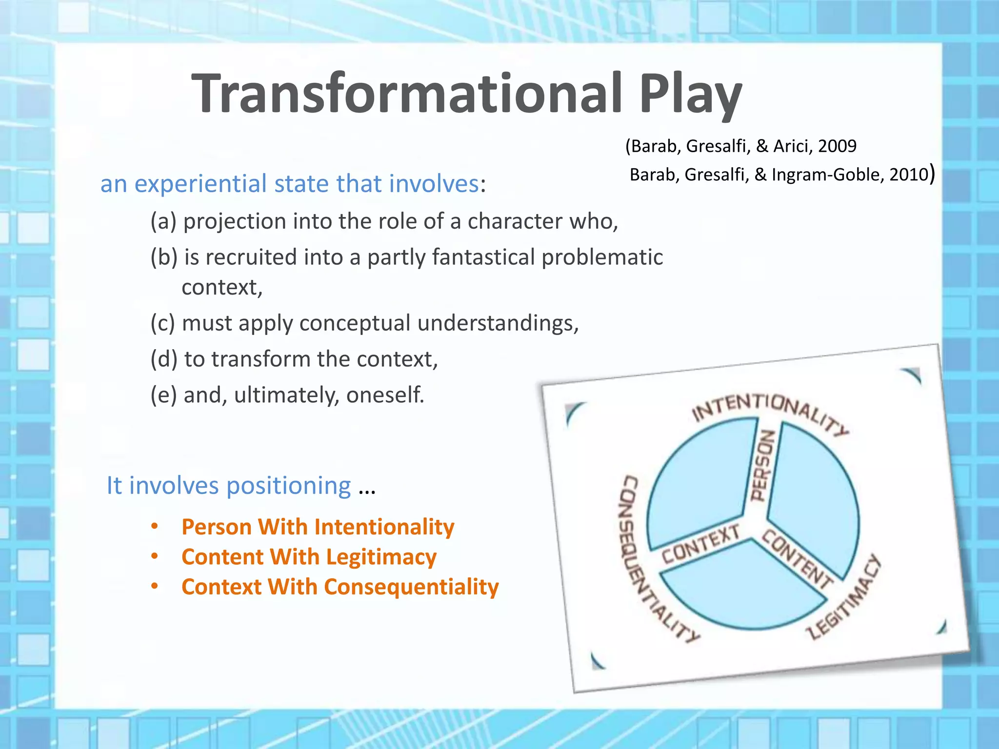 Transformational Play
an experiential state that involves:
(a) projection into the role of a character who,
(b) is recruited into a partly fantastical problematic
context,
(c) must apply conceptual understandings,
(d) to transform the context,
(e) and, ultimately, oneself.
It involves positioning …
• Person With Intentionality
• Content With Legitimacy
• Context With Consequentiality
(Barab, Gresalfi, & Arici, 2009
Barab, Gresalfi, & Ingram-Goble, 2010)
 