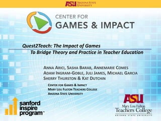 Quest2Teach: The Impact of Games
To Bridge Theory and Practice in Teacher Education
ANNA ARICI, SASHA BARAB, ANNEMARIE COMES
ADAM INGRAM-GOBLE, JULI JAMES, MICHAEL GARCIA
SHERRY THURSTON & KAT DUTCHIN
CENTER FOR GAMES & IMPACT
MARY LOU FULTON TEACHERS COLLEGE
ARIZONA STATE UNIVERSITY
 