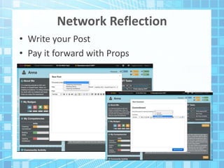 Network Reflection
• Write your Post
• Pay it forward with Props
 