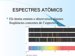 ESPECTRES ATÒMICS
 Els

àtoms emeten o absorveixen algunes
freqüències concretes de l’espectre e.

 