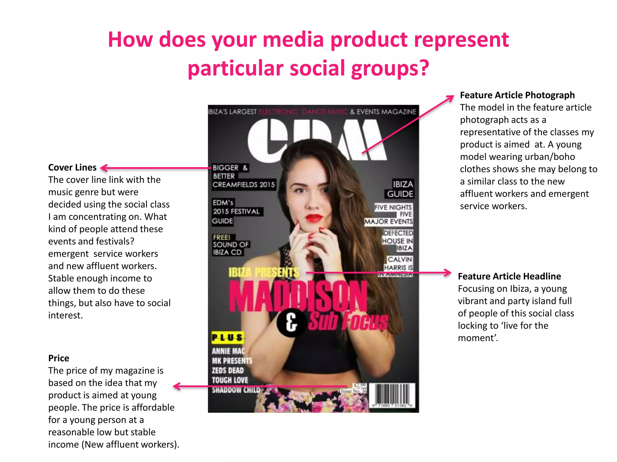 Feature Article Photograph
The model in the feature article
photograph acts as a
representative of the classes my
product is aimed at. A young
model wearing urban/boho
clothes shows she may belong to
a similar class to the new
affluent workers and emergent
service workers.
Feature Article Headline
Focusing on Ibiza, a young
vibrant and party island full
of people of this social class
locking to ‘live for the
moment’.
Price
The price of my magazine is
based on the idea that my
product is aimed at young
people. The price is affordable
for a young person at a
reasonable low but stable
income (New affluent workers).
Cover Lines
The cover line link with the
music genre but were
decided using the social class
I am concentrating on. What
kind of people attend these
events and festivals?
emergent service workers
and new affluent workers.
Stable enough income to
allow them to do these
things, but also have to social
interest.
How does your media product represent
particular social groups?
 