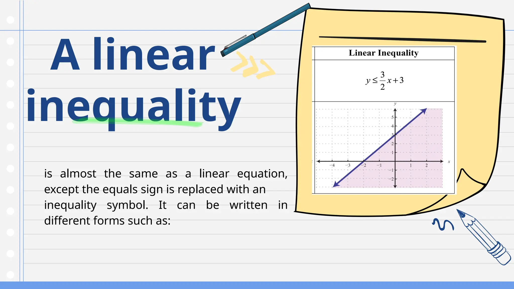 A linear
inequality
is almost the same as a linear equation,
except the equals sign is replaced with an
inequality symbol. It can be written in
different forms such as:
 