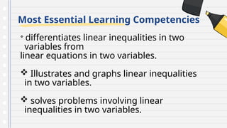 Most Essential Learning Competencies

differentiates linear inequalities in two
variables from
linear equations in two variables.
 Illustrates and graphs linear inequalities
in two variables.
 solves problems involving linear
inequalities in two variables.
 