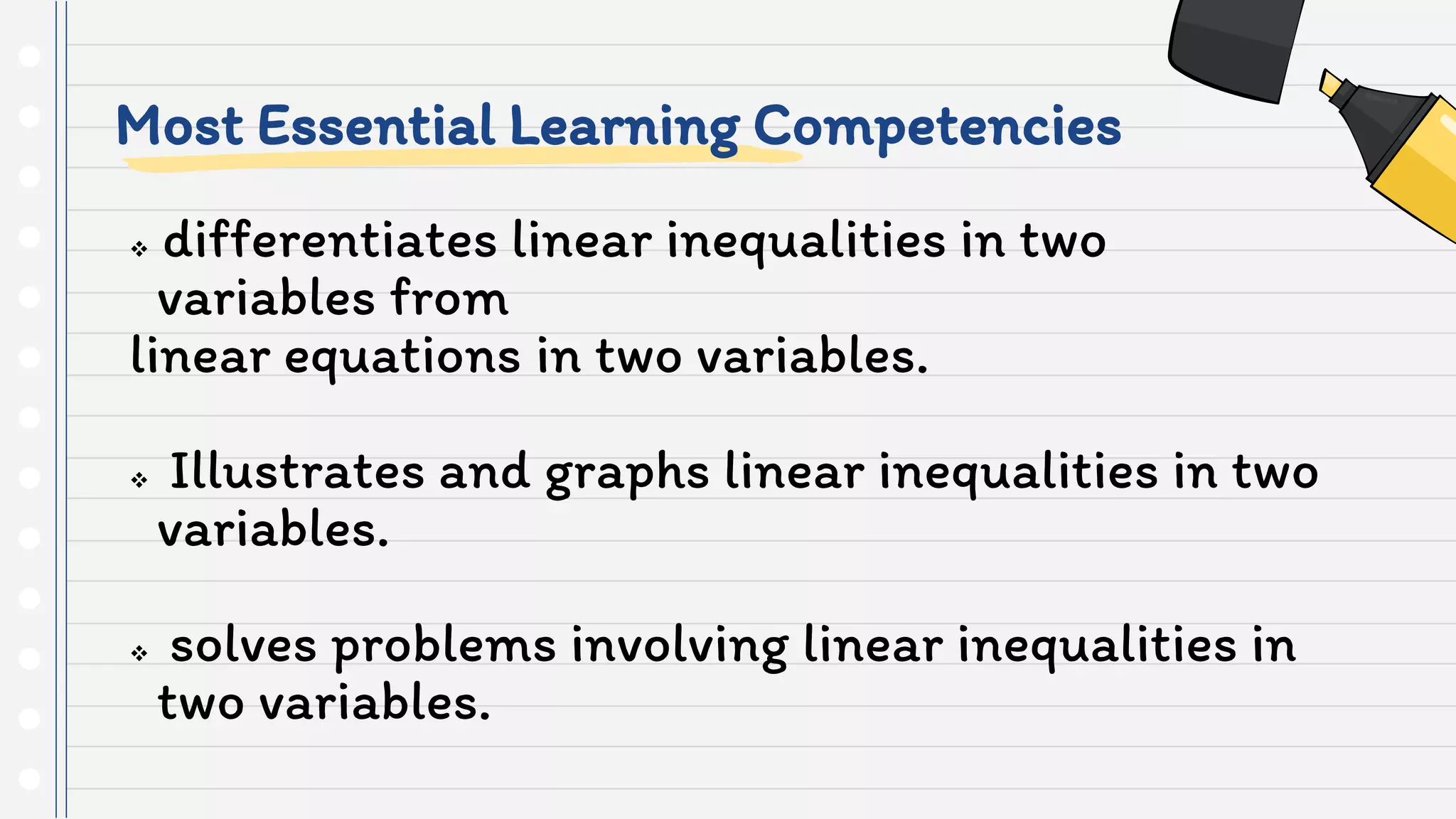 Most Essential Learning Competencies
 differentiates linear inequalities in two
variables from
linear equations in two variables.
 Illustrates and graphs linear inequalities in two
variables.
 solves problems involving linear inequalities in
two variables.
 