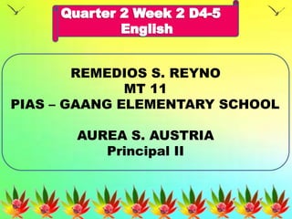 REMEDIOS S. REYNO
MT 11
PIAS – GAANG ELEMENTARY SCHOOL
AUREA S. AUSTRIA
Principal II
 