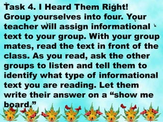Task 4. I Heard Them Right!
Group yourselves into four. Your
teacher will assign informational
text to your group. With your group
mates, read the text in front of the
class. As you read, ask the other
groups to listen and tell them to
identify what type of informational
text you are reading. Let them
write their answer on a “show me
board.”
 