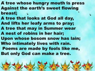 A tree whose hungry mouth is press
Against the earth’s sweet flowing
breast;
A tree that looks at God all day,
And lifts her leafy arms to pray;
A tree that may in Summer wear
A nest of robins in her hair;
Upon whose bosom snow has lain;
Who intimately lives with rain.
Poems are made by fools like me,
But only God can make a tree.
 