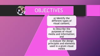 OBJECTIVES
a) Identify the
different types of
visual content;
b) Describe the
purposes of visual
media and information;
and
c) Analyze the design
principles and elements
used in a given visual
media
 