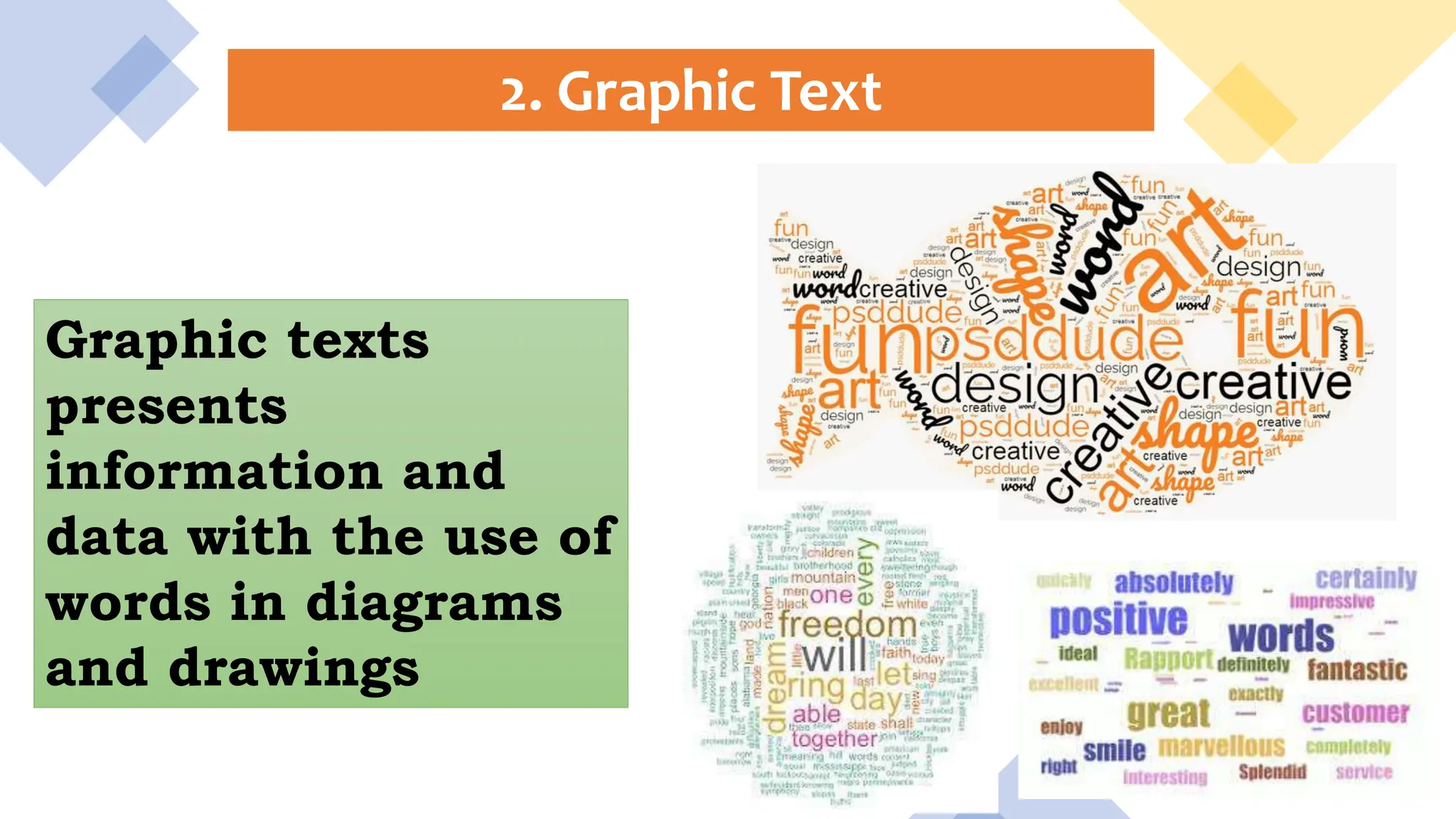 2. Graphic Text
Graphic texts
presents
information and
data with the use of
words in diagrams
and drawings
 