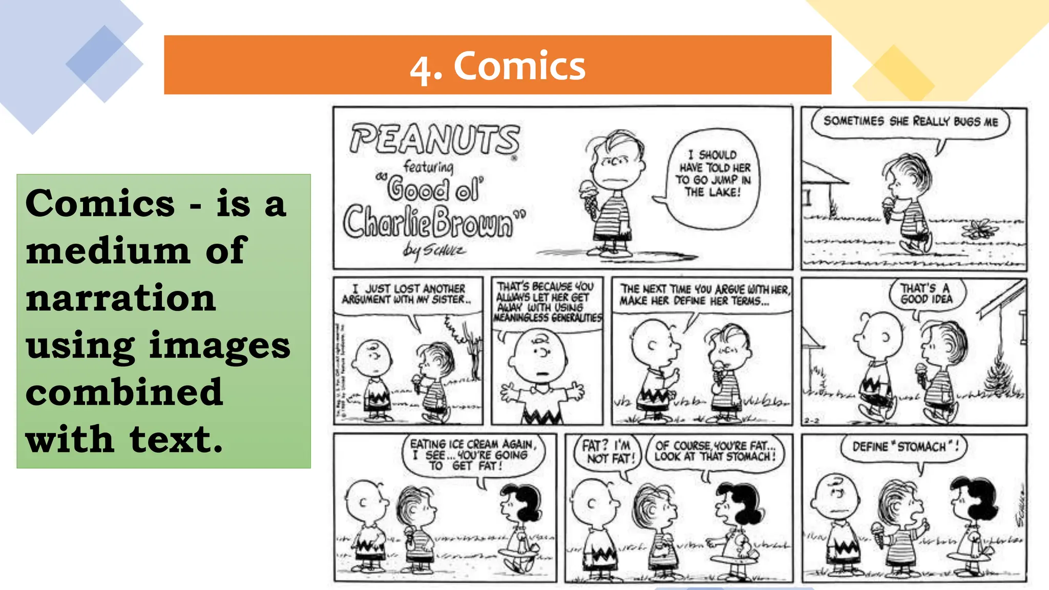4. Comics
Comics - is a
medium of
narration
using images
combined
with text.
 