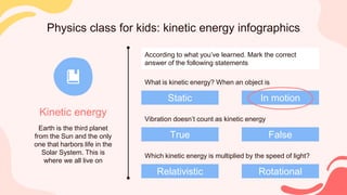 Physics class for kids: kinetic energy infographics
Earth is the third planet
from the Sun and the only
one that harbors life in the
Solar System. This is
where we all live on
Kinetic energy
Static
According to what you’ve learned. Mark the correct
answer of the following statements
What is kinetic energy? When an object is
In motion
Relativistic
Which kinetic energy is multiplied by the speed of light?
Rotational
True
Vibration doesn’t count as kinetic energy
False
 