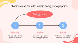 Physics class for kids: kinetic energy infographics
Energy types
Mercury
Mercury is the closest
planet to the Sun
1
Jupiter
Jupiter is a gas giant
and the biggest planet
2
Saturn
Saturn is composed of
hydrogen and helium
3
 