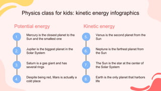 Physics class for kids: kinetic energy infographics
1.
Mercury is the closest planet to the
Sun and the smallest one
Potential energy
2.
Jupiter is the biggest planet in the
Solar System
4.
Despite being red, Mars is actually a
cold place
3.
Saturn is a gas giant and has
several rings
5.
Venus is the second planet from the
Sun
Kinetic energy
6.
Neptune is the farthest planet from
the Sun
8.
Earth is the only planet that harbors
life
7.
The Sun is the star at the center of
the Solar System
 