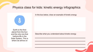 Physics class for kids: kinetic energy infographics
Earth is the third
planet from the Sun
and the only one that
harbors life in the
Solar System. This is
where we all live on
In the box below, draw an example of kinetic energy
Describe what you understand about kinetic energy
 
