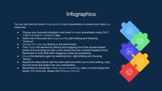 Infographics
You can add and edit some infographics to your presentation to present your data in a
visual way.
● Choose your favourite infographic and insert it in your presentation using Ctrl C
+ Ctrl V or Cmd C + Cmd V in Mac.
● Select one of the parts and ungroup it by right-clicking and choosing
“Ungroup”.
● Change the color by clicking on the paint bucket.
● Then resize the element by clicking and dragging one of the square-shaped
points of its bounding box (the cursor should look like a double-headed arrow).
Remember to hold Shift while dragging to keep the proportions.
● Group the elements again by selecting them, right-clicking and choosing
“Group”.
● Repeat the steps above with the other parts and when you’re done editing, copy
the end result and paste it into your presentation.
● Remember to choose the “Keep source formatting” option so that it keeps the
design. For more info, please visit Slidesgo School.
 